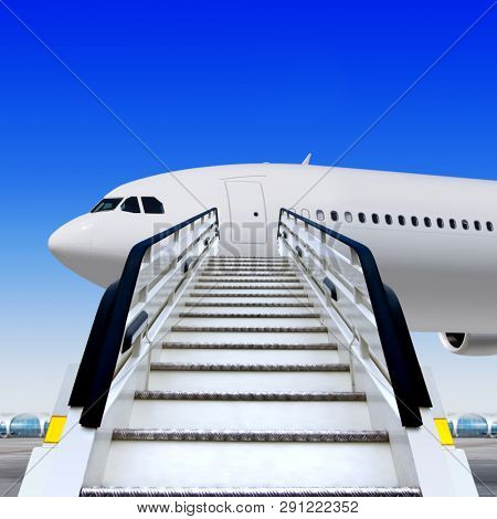 3d illustration of white ramp in airport near the plane
