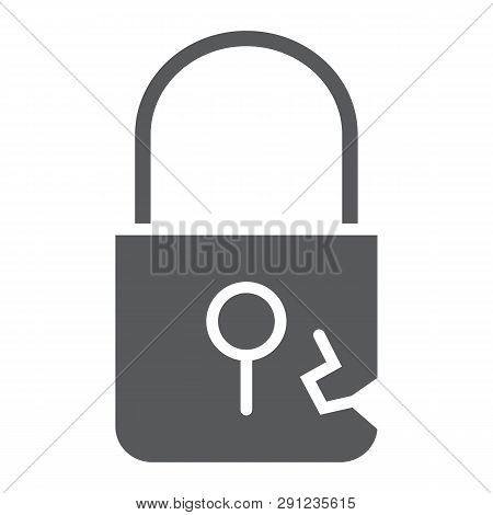 Lock Breach Glyph Icon, Privacy And Protect, Padlock Sign, Vector Graphics, A Solid Pattern On A Whi