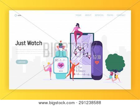 Modern Smartwatch For Sportsman Landing Page. Sport Watch Include Activity Fitness Tracker For Monit