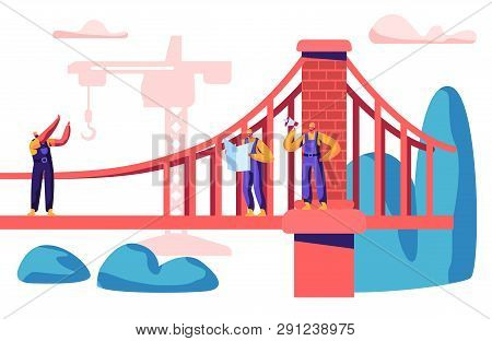 Builder And Engineer Build Bridge With Construction Crane. Group Of Employee Building Gate With Bric