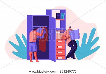 Hostel Apartment Interior With People Character Put Clothes In Wardrobe And Looking Map. Joint Budge
