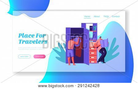 Hostel Apartment Interior With People Character Put Clothes In Wardrobe And Explore Map Landing Page