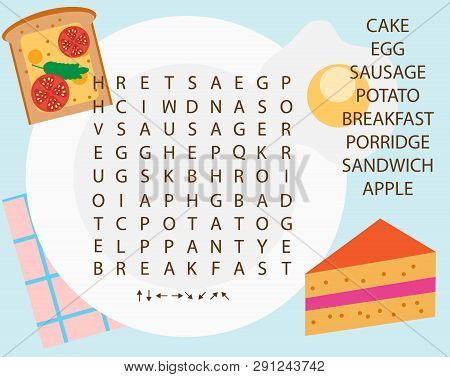 Educational Game For Children. Word Search Puzzle Kids Activity. Food Theme Learning Vocabulary.