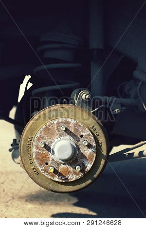 Car Brake Drum With Stopping Support Without Wheels Closeup Vertical