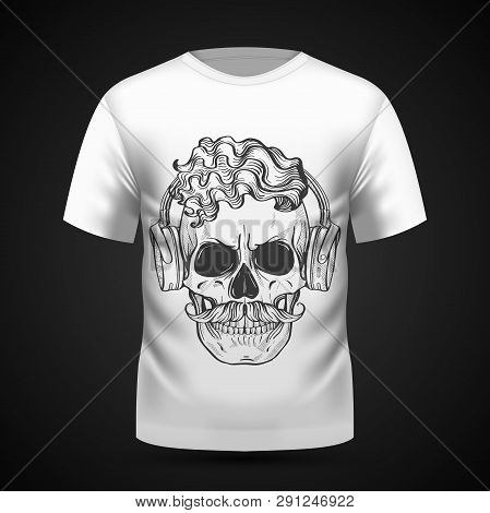 Angry Skull With Cirly Hairstyle, Moustaches And Headphones On T-shirt . Vector Illustration, Eps 10