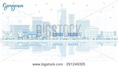 Outline Gurgaon India City Skyline with Blue Buildings and Reflections. Business Travel and Tourism Concept with Modern Architecture. Gurgaon Cityscape with Landmarks.