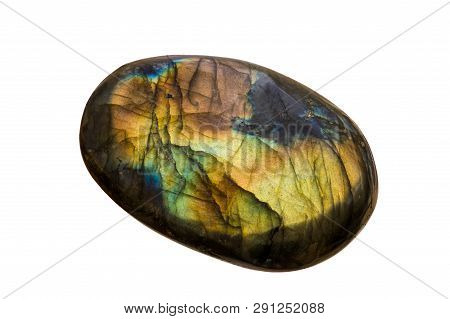 Isolated Labradorite On Pure White Background. Yellow Tone