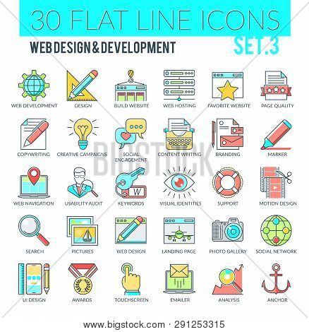 Set Of Filled Outline Multicolor Icons On Following Themes - Web Design, Web Development, Seo Servic
