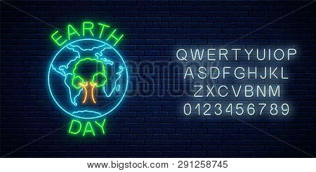 Glowing Neon Sign Of World Earth Day With Tree In Globe Symbol And Alphabet. Earth Day Neon Banner.
