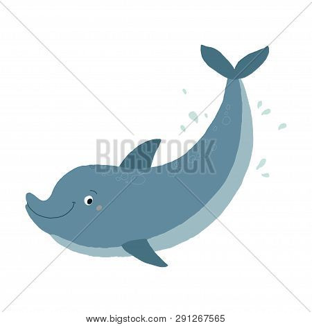 Blue Bottlenose Cute Dolphin Swimming. Cartoon Vector Hand Drawn Eps 10 Illustration Isolated On Whi