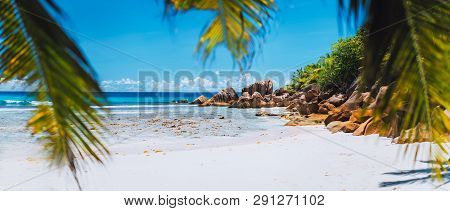 Tropical White Sand Beach On Paradise Island. Exotic Summer Vacation Travel Relaxation Holiday Backg