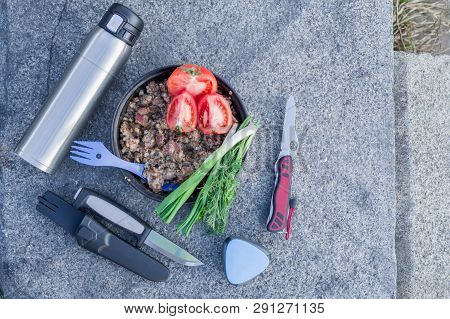 The Composition Of Food And Appliances. Still Life Of Food And Appliances. Top.