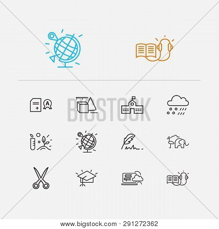 Distant Education Icons Set. Meteorology And Distant Education Icons With Quill Pen, Primary School 