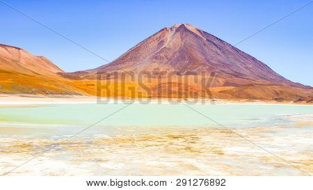 Licancabur Volcano And Green Lagoon, Lagune Verde, Border Between Chile And Bolivia, South America