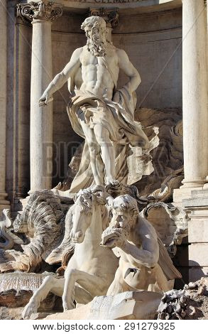 Oceanus In The Trevi Fountain Of Rome, Italy