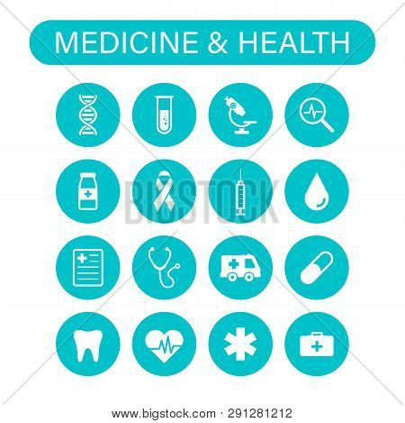 Set Of 16 Medical And Health Web Icons In Line Style. Medicine And Health Care, Rx, Infographic. Vec