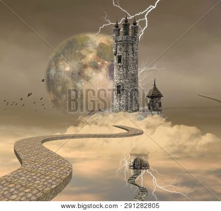 The Wizard Tower Over The Clouds - 3d Illustration