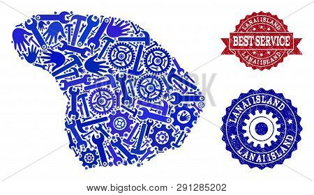 Best Service Collage Of Blue Mosaic Map Of Lanai Island And Scratched Stamps. Mosaic Map Of Lanai Is