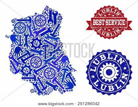 Best Service Combination Of Blue Mosaic Map Of Lublin Province And Scratched Stamps. Mosaic Map Of L
