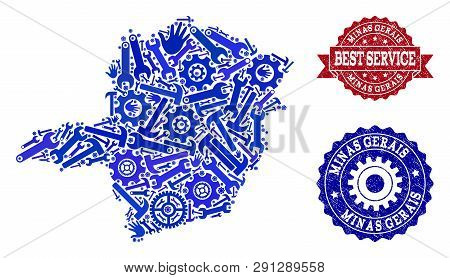Best Service Collage Of Blue Mosaic Map Of Minas Gerais State And Scratched Seal Stamps. Mosaic Map 