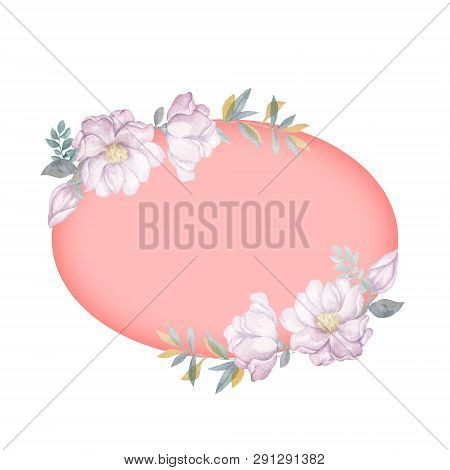 Watercolor Flowers And Leaves Wreath. Living Coral Frame Illustration. Ellipse Gradient Clip Art Bra
