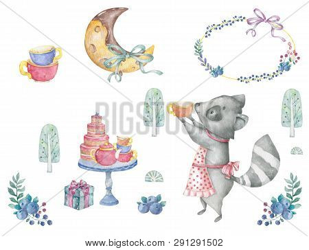 Greeting Card Illustration With Birthday Cake, Roccoon, Flowers And Chocolate Moon And Blue Pize Box
