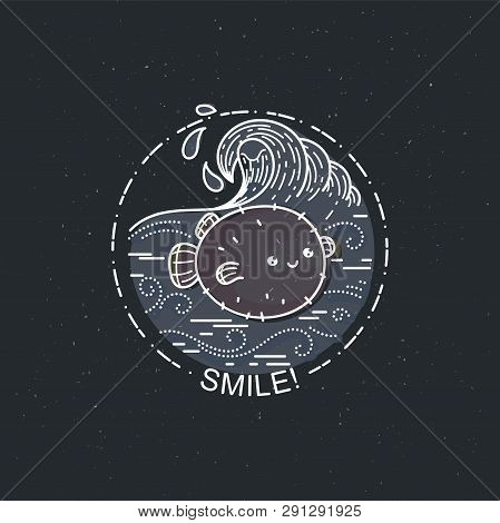 Smile. Cute Balloonfish With Wavy Ocean. Nature Exploration Poster Or Label. Modern Flat Linear Vect