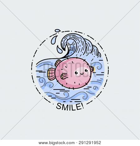 Smile. Cute Balloonfish With Wavy Ocean. Nature Exploration Poster Or Label. Modern Flat Linear Vect