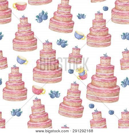 Pink Tasty Cake And Color Cups With Berrypattern Background Of Cute Cupcakes In Pastel Colors Waterc