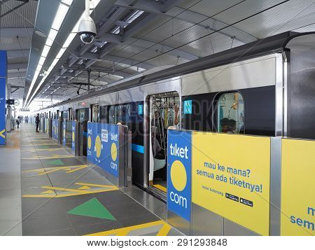 Jakarta, Indonesia - March 23, 2019: Mrt Jakarta Train Arrives At Lebak Bulus Mrt Station.
