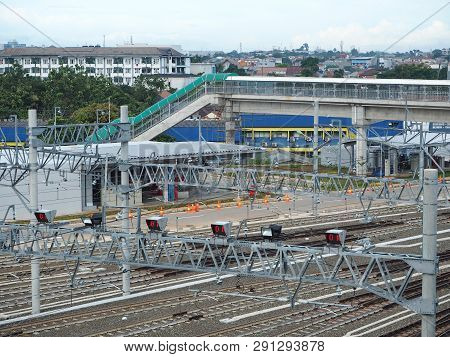 Jakarta, Indonesia - March 23, 2019: Background Of Railway Tracks At Lebak Bulus Mrt Depot.