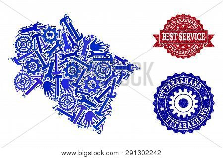 Best Service Combination Of Blue Mosaic Map Of Uttarakhand State And Scratched Seals. Mosaic Map Of 