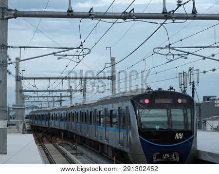 Jakarta, Indonesia - March 23, 2019: Mrt Jakarta Train Running At Lebak Bulus Mrt Station.