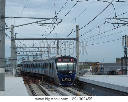 Jakarta, Indonesia - March 23, 2019: Mrt Jakarta Train Running At Lebak Bulus Mrt Station.
