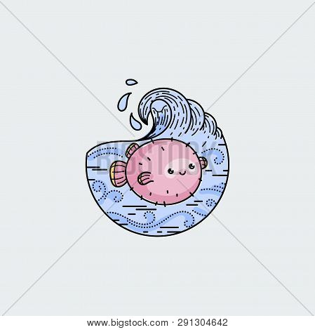 Cute Balloonfish With Wavy Ocean. Nature Exploration Poster Or Label. Modern Flat Linear Vector Illu