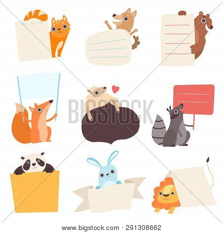 Cute Animals Holding Empty Banners Set, Funny Cartoon Cat, Dog, Bear, Fox, Sheep, Raccoon, Panda, Ra