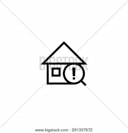Warning Search House Icon. Home With Magnifying Glass And Exclamation Mark Symbol. Simple Clean Thin