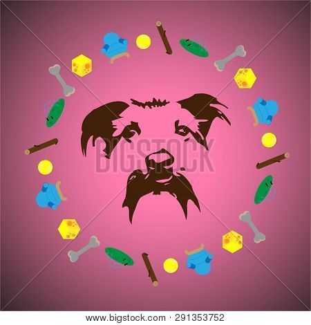 Silhouette Of A Terrier-like Doghead, Within The Round Frame Of Favourite Dog Toys And Treats