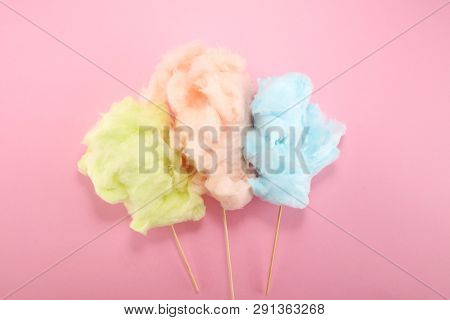 Colorful Cotton Candy Floss. Sweet Party Food In Pink And Green