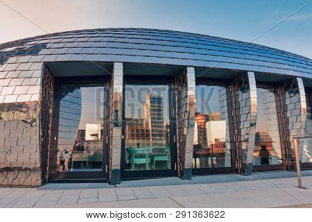 Duesseldorf, Germany - February 27, 2016: Skyline Of Duesseldorf Media Harbor Reflects Nicely In The