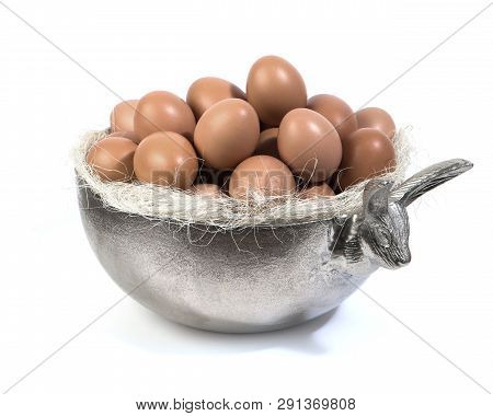 Silver Easter Bowl With Eggs, On A White Background