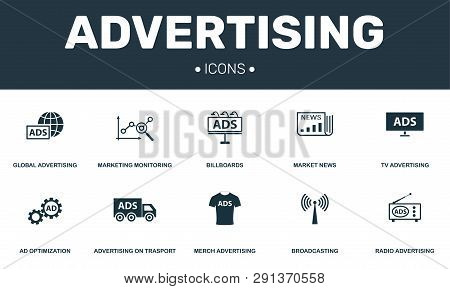 Advertising Set Icons Collection. Includes Simple Elements Such As Marketing, Billboards, Merch, Ad 