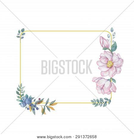 Watercolor Flowers And Leaves Wreath. Gold Frame Illustration. Square Clip Art Branch For Celebratio