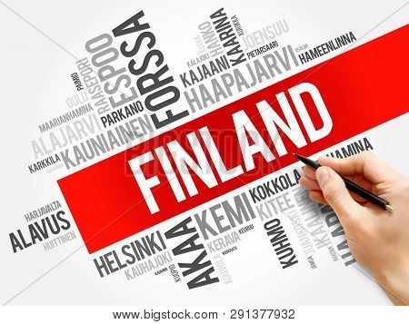 List Of Cities And Towns In Finland, Word Cloud Collage, Business And Travel Concept Background