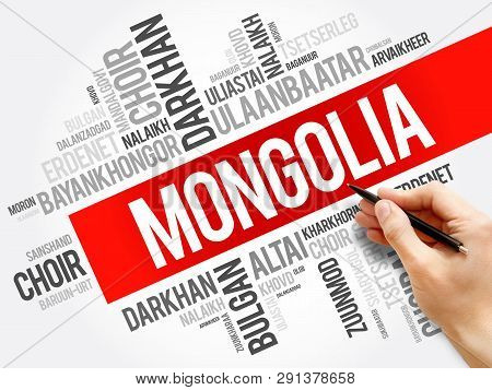 List Of Cities And Towns In Mongolia, Word Cloud Collage, Business And Travel Concept Background