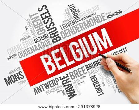 List Of Cities And Towns In Belgium, Word Cloud Collage, Business And Travel Concept Background