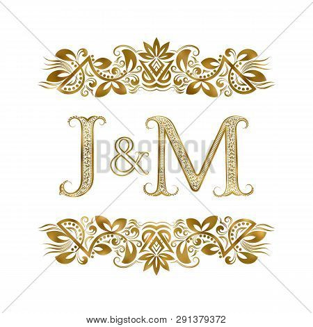 J And M Vintage Initials Logo Symbol. The Letters Are Surrounded By Ornamental Elements. Wedding Or 