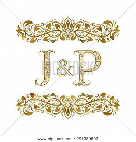 J And P Vintage Initials Logo Symbol. The Letters Are Surrounded By Ornamental Elements. Wedding Or 