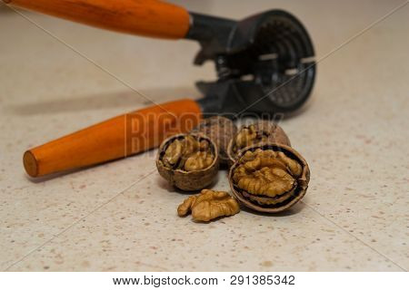 Cracked Wallnuts With Nut Cracker In The Background