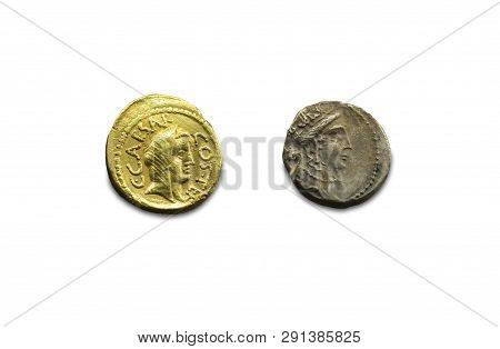 Merida, Spain - August 25th, 2018: Gaius Julius Caesar Coins. Roman General And Dictator. National M